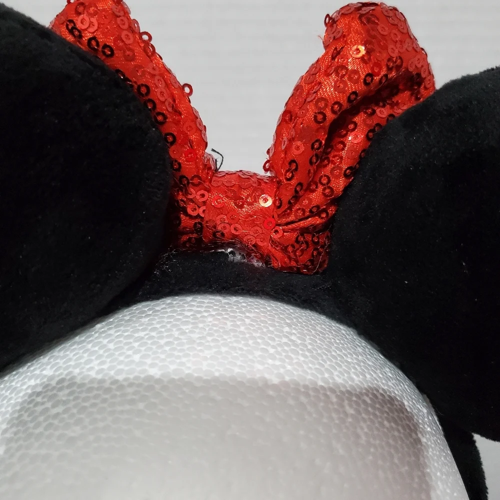 Disney Parks Minnie Mouse Black Plush Ears Red Seqin Bow Headband L👀K